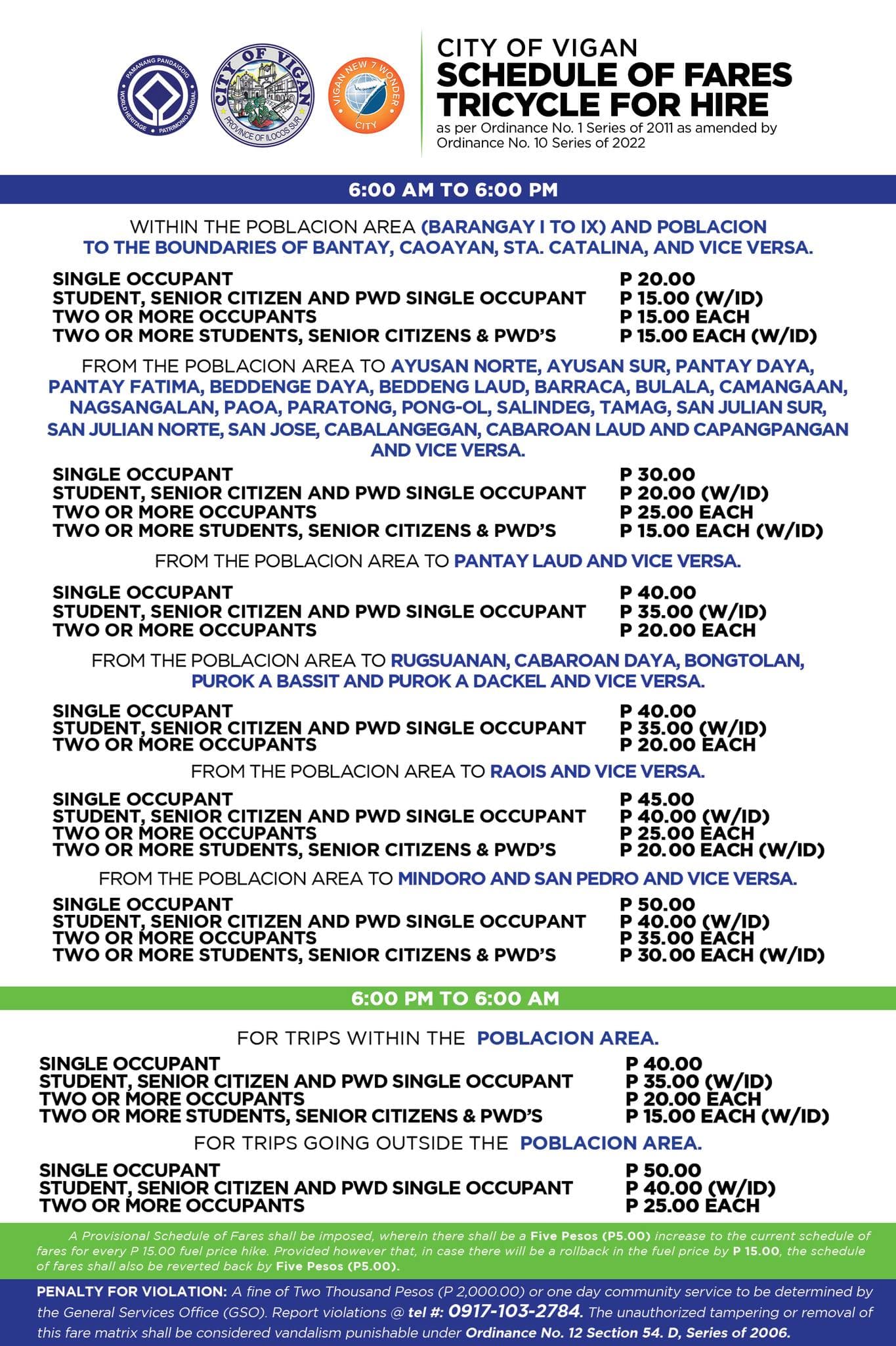 City of Vigan Official Tricycle Fare Matrix